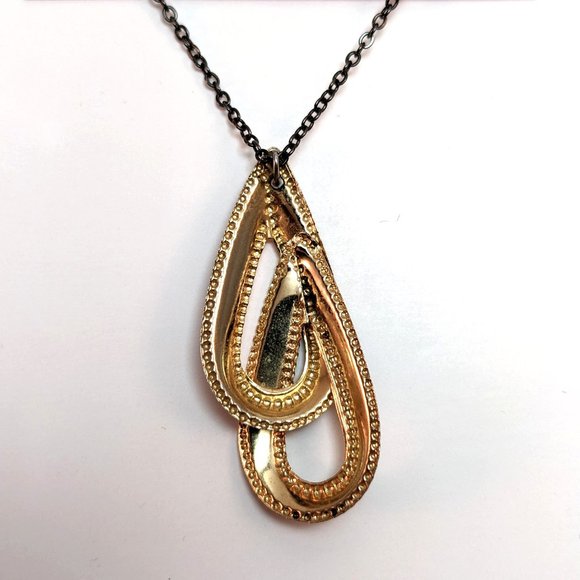 Handmade Vintage 80s Double Teardrop Necklace Classic Art Deco Gothic Black Gold - Picture 2 of 2